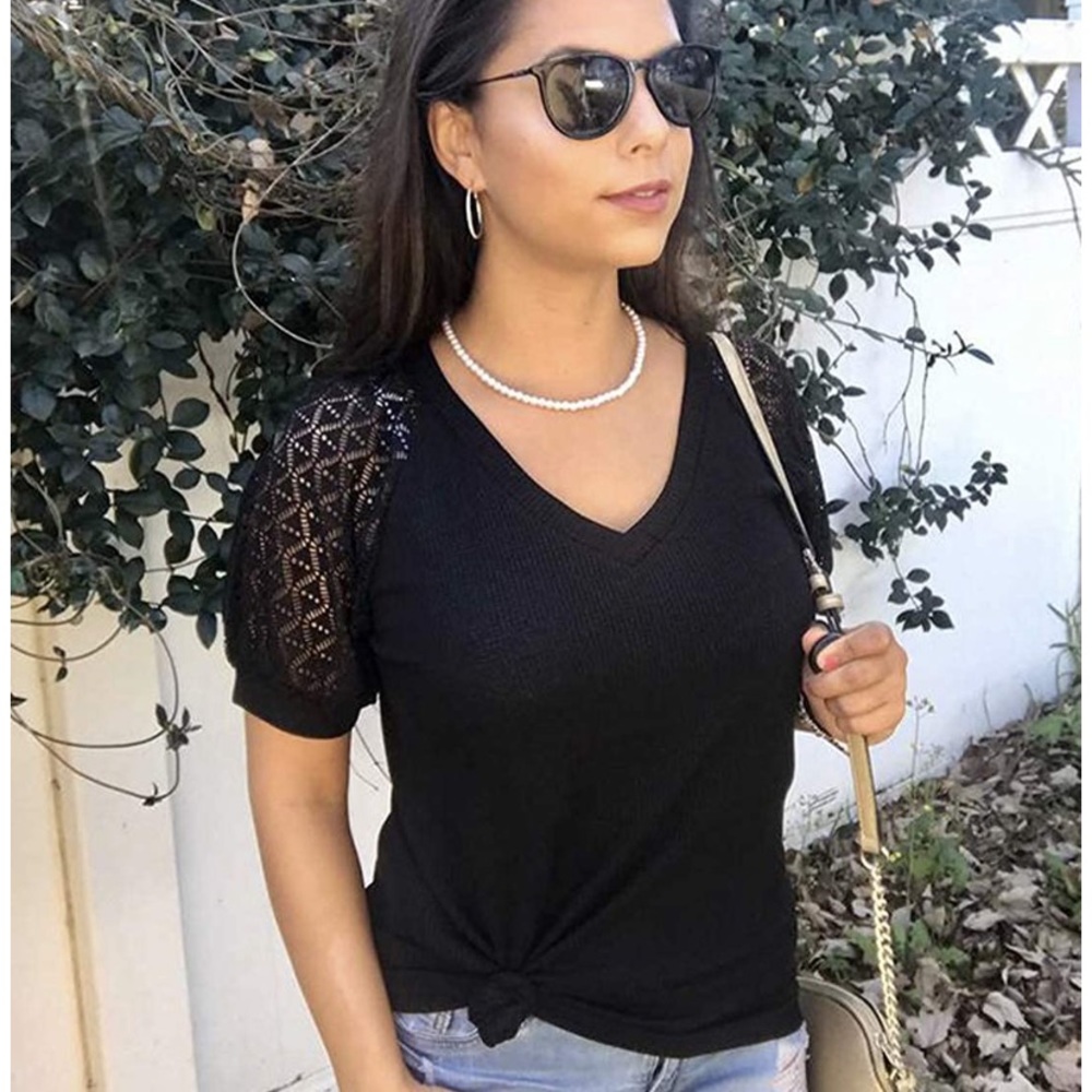 Women's Lace Short Sleeve V Neck Shirt XL